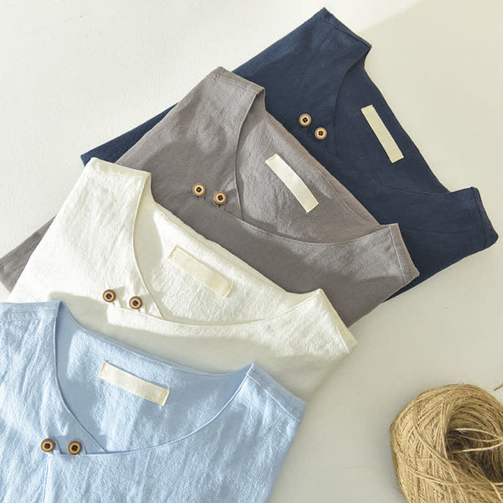 Buddha Stones Summer Casual Asymmetrical V-Neck Button Solid Men's Short Sleeve Shirts - image 20