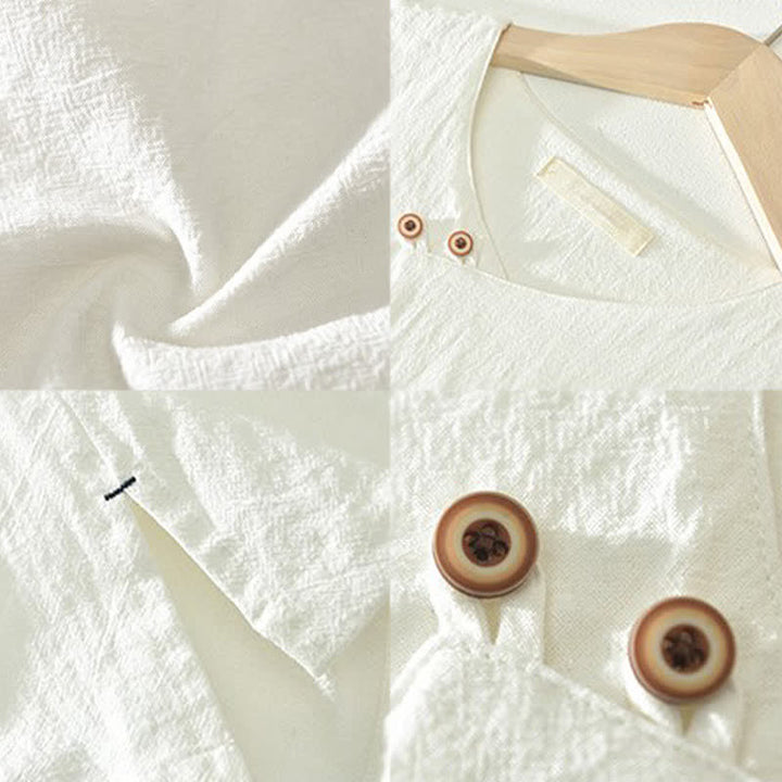 Buddha Stones Summer Casual Asymmetrical V-Neck Button Solid Men's Short Sleeve Shirts - image 14