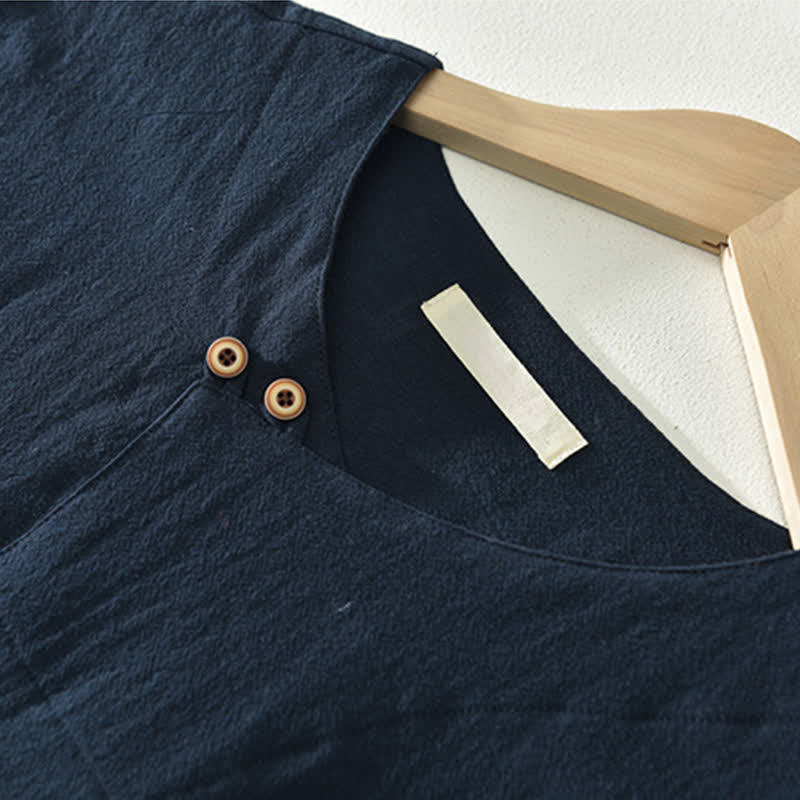 Buddha Stones Summer Casual Asymmetrical V-Neck Button Solid Men's Short Sleeve Shirts - image 9