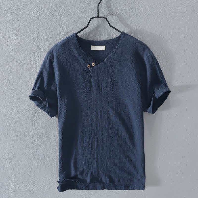Buddha Stones Summer Casual Asymmetrical V-Neck Button Solid Men's Short Sleeve Shirts - RoyalBlue - US/UK/AU44, EU54 (3XL) - image 8