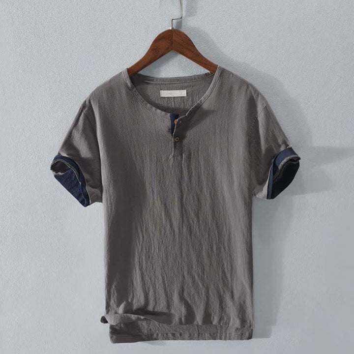 Buddha Stones Summer Casual Minimalist Two Buttons Solid Cotton Linen Men's Short Sleeve Shirts - Gray - US/UK/AU44, EU54 (3XL) - image 0