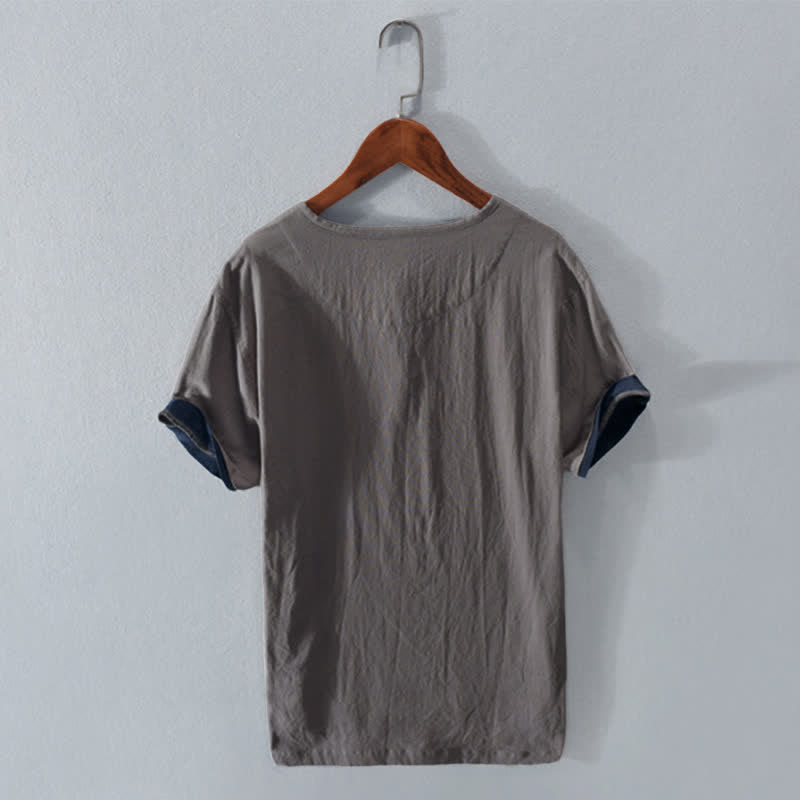 Buddha Stones Summer Casual Minimalist Two Buttons Solid Cotton Linen Men's Short Sleeve Shirts - image 1