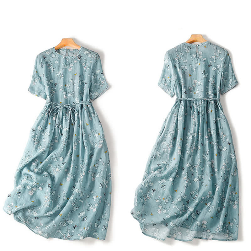 Buddha Stones Summer Casual Vintage Drawstring Blue Floral Women's Short Sleeve Dress - image 2
