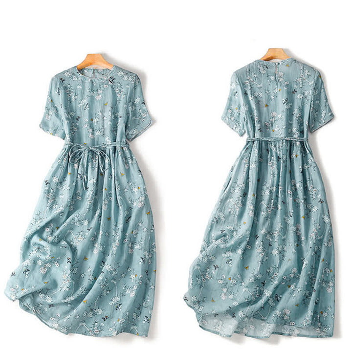 Buddha Stones Summer Casual Vintage Drawstring Blue Floral Women's Short Sleeve Dress - image 2