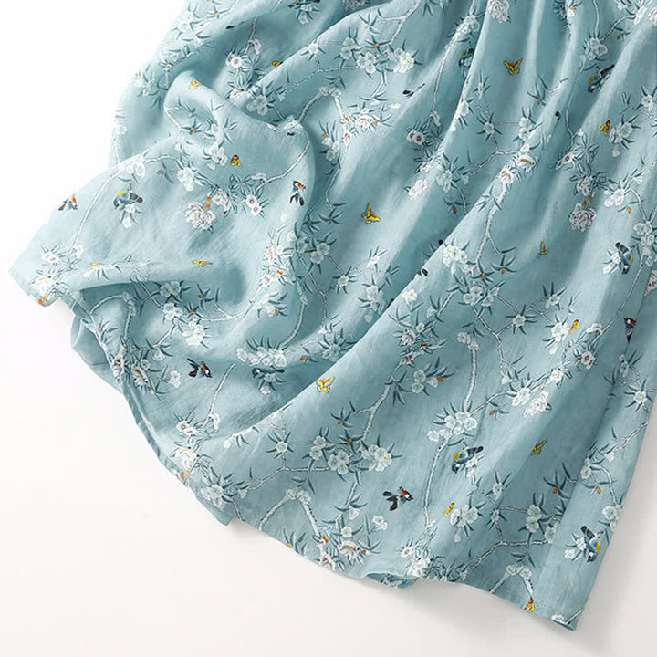 Buddha Stones Summer Casual Vintage Drawstring Blue Floral Women's Short Sleeve Dress - image 5