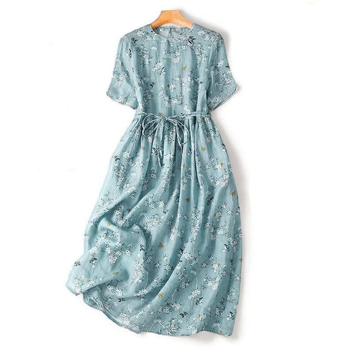 Buddha Stones Summer Casual Vintage Drawstring Blue Floral Women's Short Sleeve Dress - PowderBlue - US12, UK/AU16, EU44 (2XL) - image 0