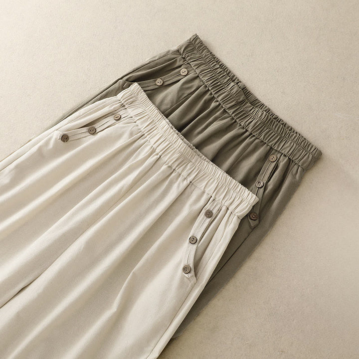 Buddha Stones Spring Summer Casual Decorative Buttons Solid Cropped Pants Women's Harem Pants With Pocket - image 17