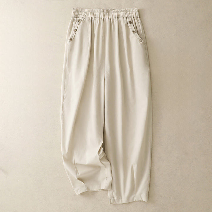 Buddha Stones Spring Summer Casual Decorative Buttons Solid Cropped Pants Women's Harem Pants With Pocket - Beige - US12, UK/AU16, EU44 (2XL) - image 0