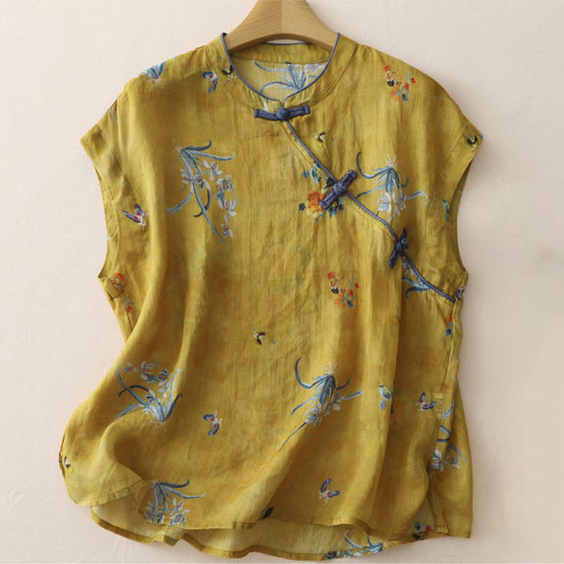 Buddha Stones Summer Tang Style Vintage Frog Button Orchid Floral Women's Sleeveless Shirts Tank Top - Peru - US12, UK/AU16, EU44 (2XL) - image 0