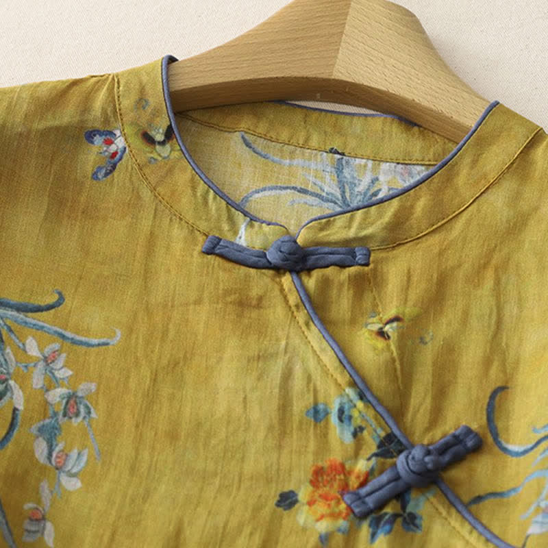 Buddha Stones Summer Tang Style Vintage Frog Button Orchid Floral Women's Sleeveless Shirts Tank Top - image 3