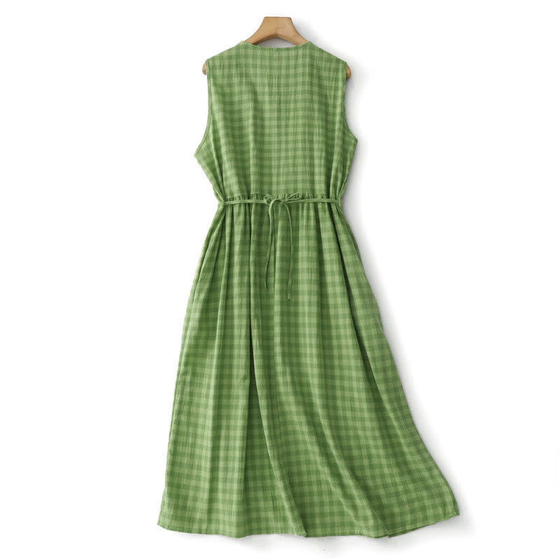 Buddha Stones Summer Casual Vintage Decorative Buttons Green Plaid Women's Summer Sleeveless Dress With Pockets - image 1