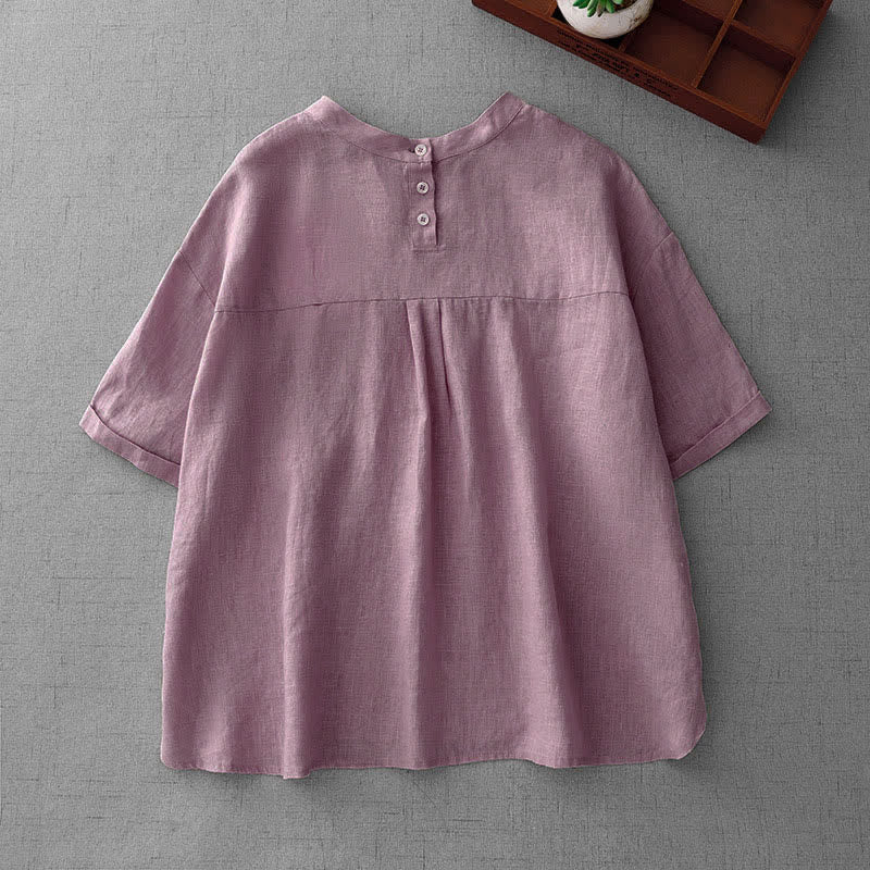 Buddha Stones Summer Casual Minimalist Back Buttons Solid Women's Short Sleeve T-Shirts With Front Pockets - image 1