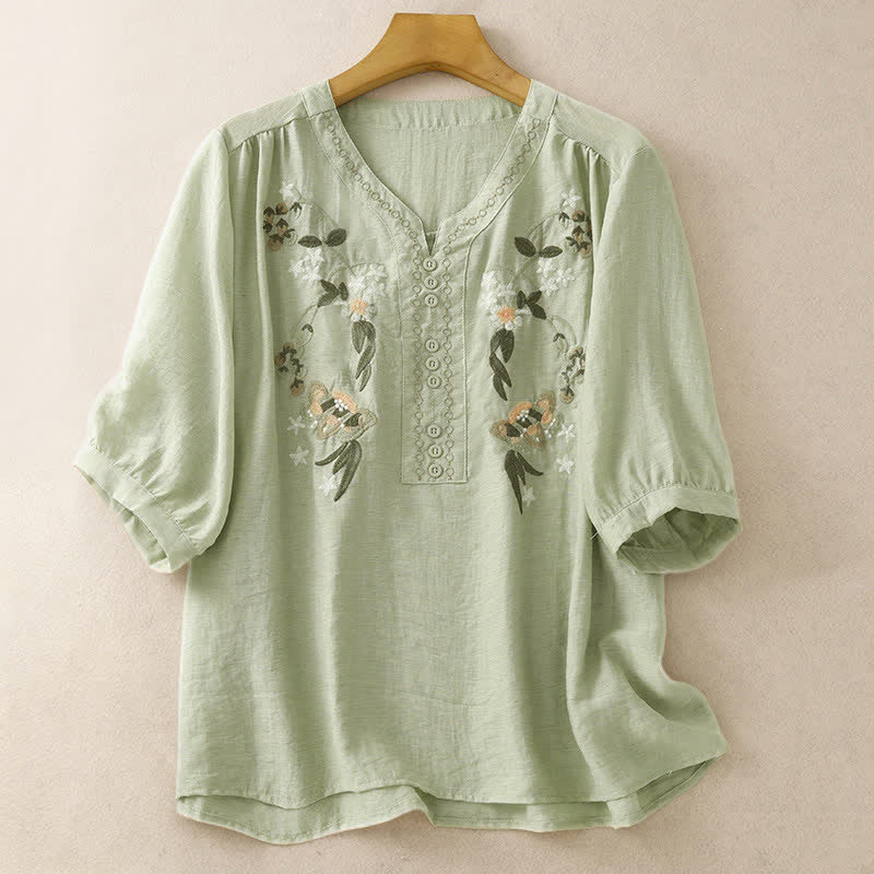 Buddha Stones Summer Boho Embroidery Floral Women's Short Sleeve Shirt - DarkSeaGreen - US8-10，UK/AU12-14，EU40-42 (2XL) - image 0