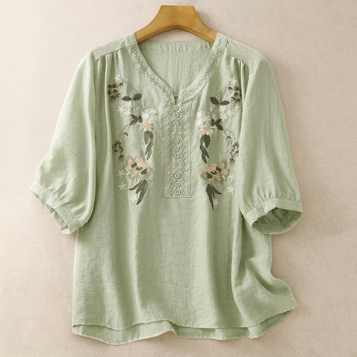 Buddha Stones Summer Boho Embroidery Floral Women's Short Sleeve Shirt - DarkSeaGreen - US8-10，UK/AU12-14，EU40-42 (2XL) - image 0