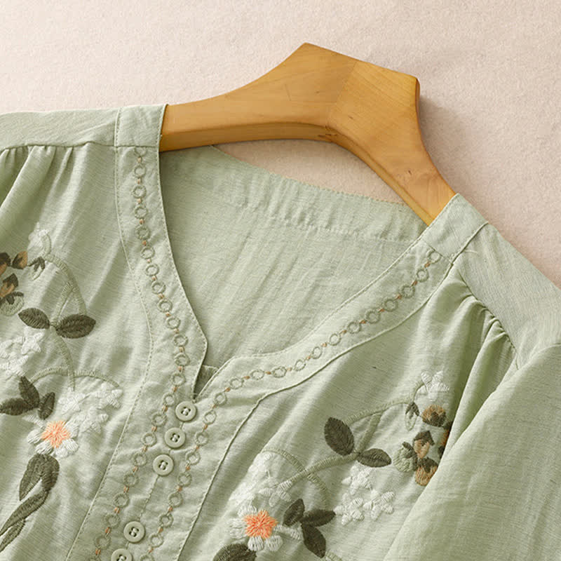 Buddha Stones Summer Boho Embroidery Floral Women's Short Sleeve Shirt - image 1