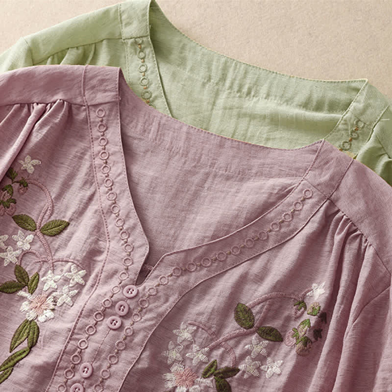 Buddha Stones Summer Boho Embroidery Floral Women's Short Sleeve Shirt - image 18