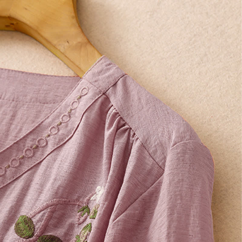 Buddha Stones Summer Boho Embroidery Floral Women's Short Sleeve Shirt - image 9