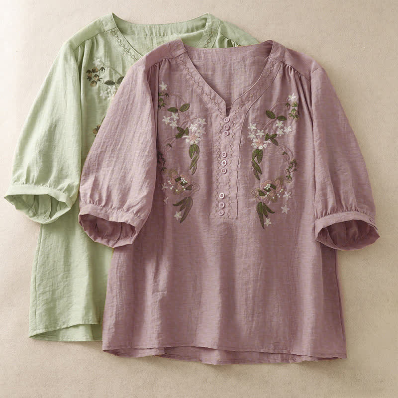 Buddha Stones Summer Boho Embroidery Floral Women's Short Sleeve Shirt - image 16