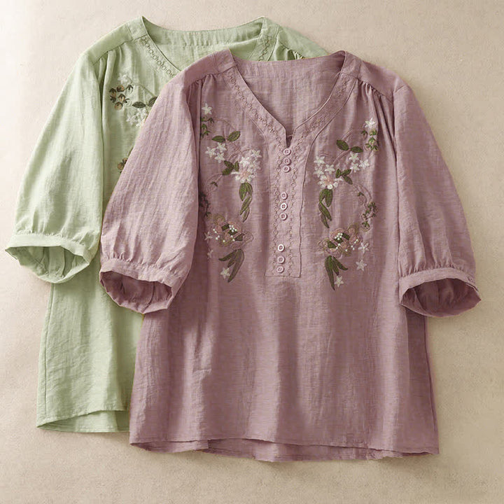 Buddha Stones Summer Boho Embroidery Floral Women's Short Sleeve Shirt - image 16