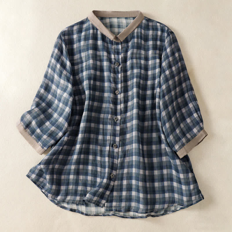 Buddha Stones Summer Vintage Button Up Plaid Women's Short Sleeve Shirts - SteelBlue - US8-10，UK/AU12-14，EU40-42 (2XL) - image 8