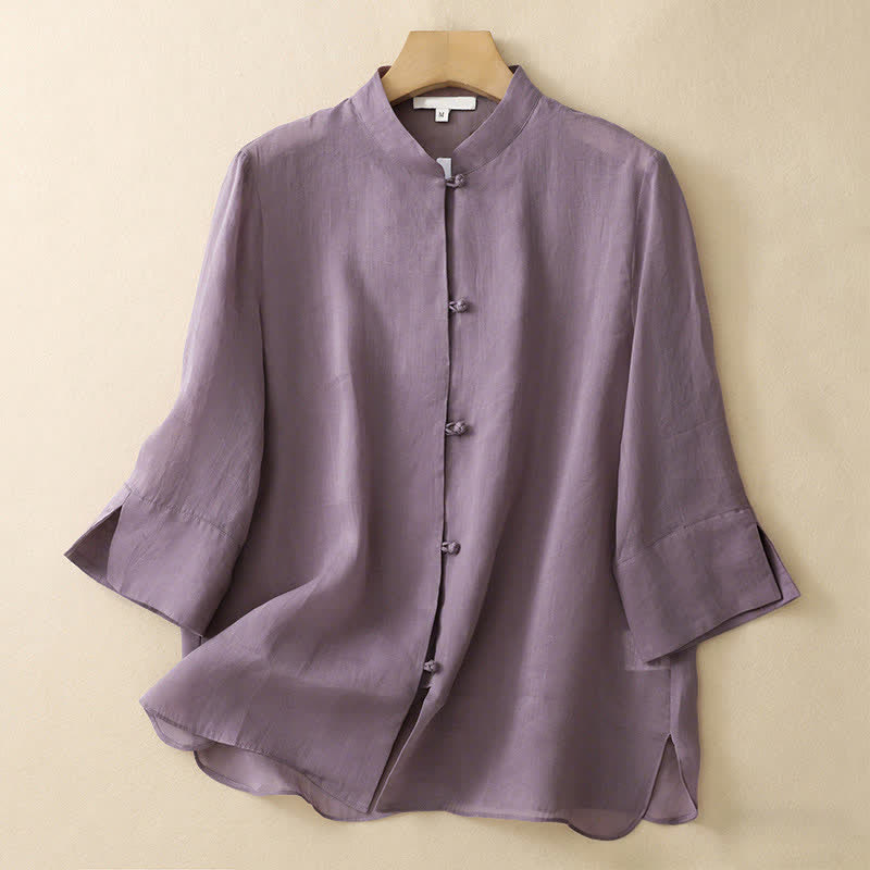 Buddha Stones Summer Solid Mandarin Collar Women's Three-Quarter Sleeve Shirts - MediumPurple - US8-10，UK/AU12-14，EU40-42 (2XL) - image 0