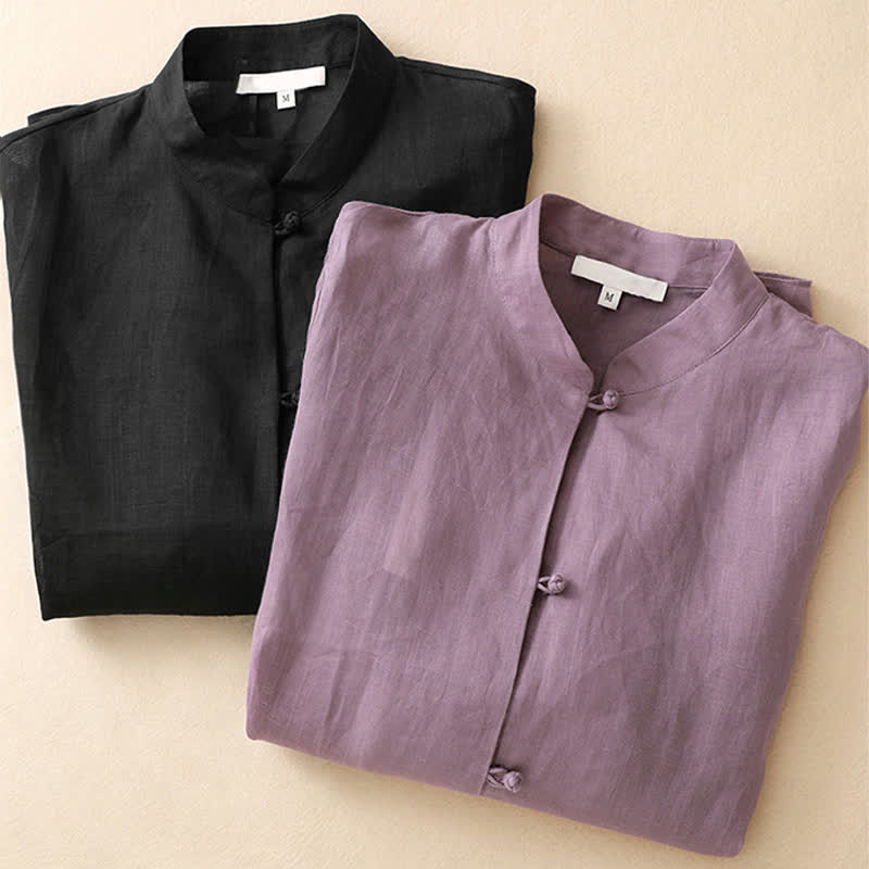 Buddha Stones Summer Solid Mandarin Collar Women's Three-Quarter Sleeve Shirts - image 17