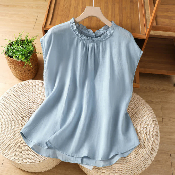 Buddha Stones Summer Casual Ruffled Collar Back Button-up Solid Women's Sleeveless Shirts - LightSteelBlue - US8-10，UK/AU12-14，EU40-42 (2XL) - image 0
