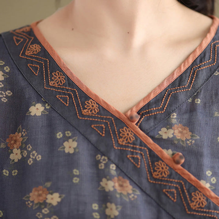 Buddha Stones Summer Vintage Floral V-Neck Women's Elbow-Length Sleeve Shirts - image 6