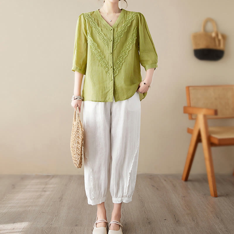 Buddha Stones Summer Solid V-Neck Lace-trimmed Women's Elbow-Length Sleeve Shirts - image 3