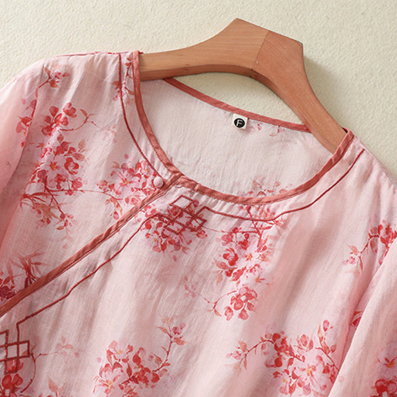 Buddha Stones Summer Frog Button Floral Crew Neck Women's Elbow-Length Sleeve Shirts - image 9