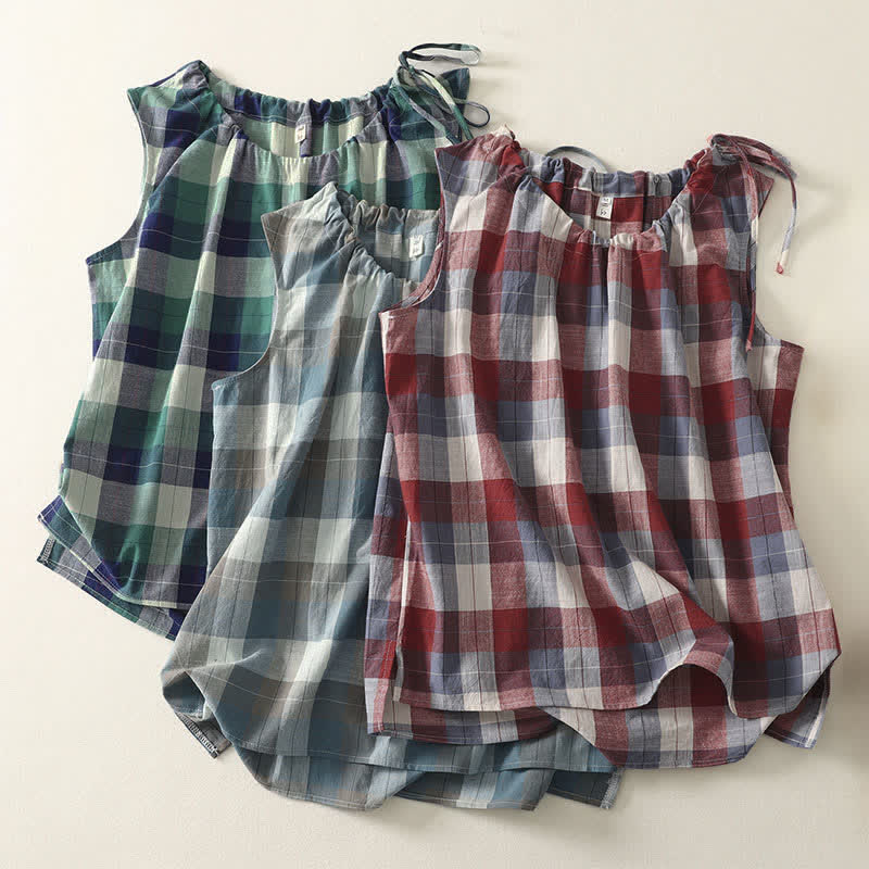 Buddha Stones Summer Casual Crew Neck Plaid Pattern Women's Sleeveless Shirts Tank Top - image 18