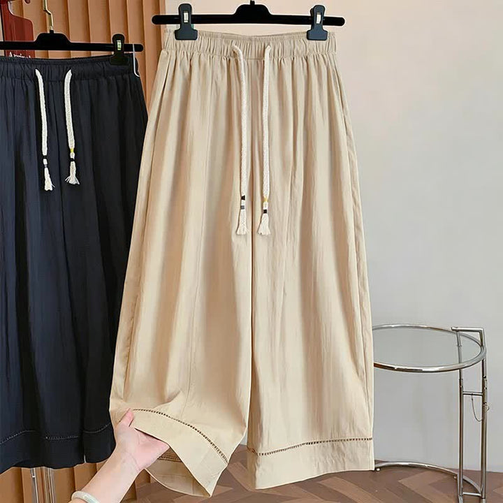 Buddha Stones Spring Summer Casual Drawstring Solid Cropped Women's Wide Leg Pants With Pockets - Khaki - US12, UK/AU16, EU44 (2XL) - image 0