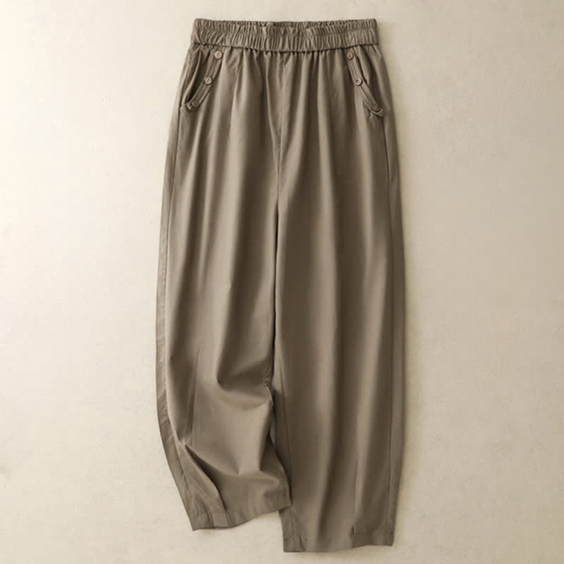 Buddha Stones Spring Summer Casual Decorative Buttons Solid Cropped Pants Women's Harem Pants With Pocket - OliveDrab - US12, UK/AU16, EU44 (2XL) - image 10