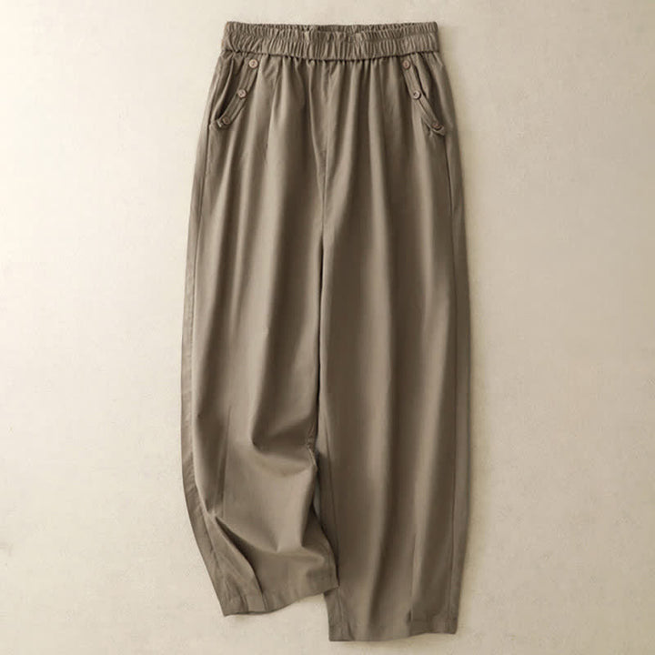 Buddha Stones Spring Summer Casual Decorative Buttons Solid Cropped Pants Women's Harem Pants With Pocket - OliveDrab - US12, UK/AU16, EU44 (2XL) - image 10