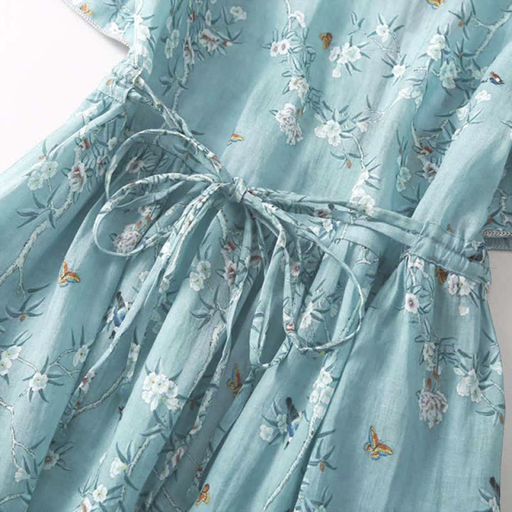 Buddha Stones Summer Casual Vintage Drawstring Blue Floral Women's Short Sleeve Dress - image 3