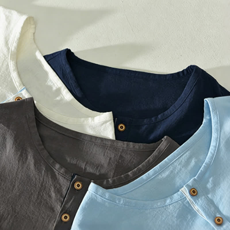Buddha Stones Summer Casual Minimalist Two Buttons Solid Cotton Linen Men's Short Sleeve Shirts - image 15
