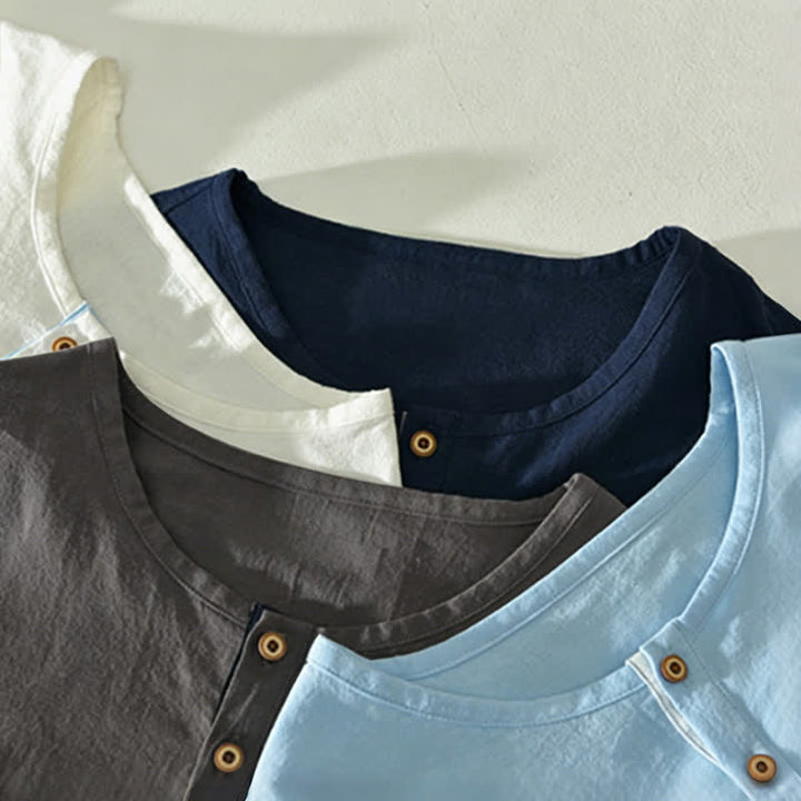 Buddha Stones Summer Casual Minimalist Two Buttons Solid Cotton Linen Men's Short Sleeve Shirts - image 15