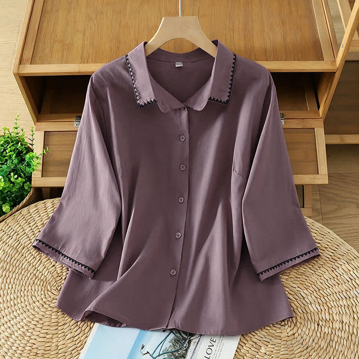 Buddha Stones Summer Casual Minimalist Wavy Line Button-Up Solid Women's Short Sleeve Shirts - RebeccaPurple - US8-10, UK/AU12-14, EU40-42 (2XL) - image 6
