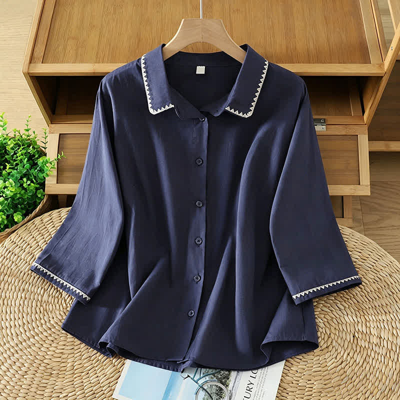 Buddha Stones Summer Casual Minimalist Wavy Line Button-Up Solid Women's Short Sleeve Shirts - MidnightBlue - US8-10, UK/AU12-14, EU40-42 (2XL) - image 0