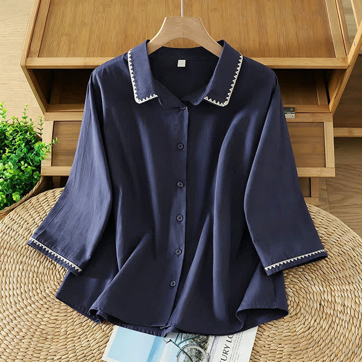 Buddha Stones Summer Casual Minimalist Wavy Line Button-Up Solid Women's Short Sleeve Shirts - MidnightBlue - US8-10, UK/AU12-14, EU40-42 (2XL) - image 0