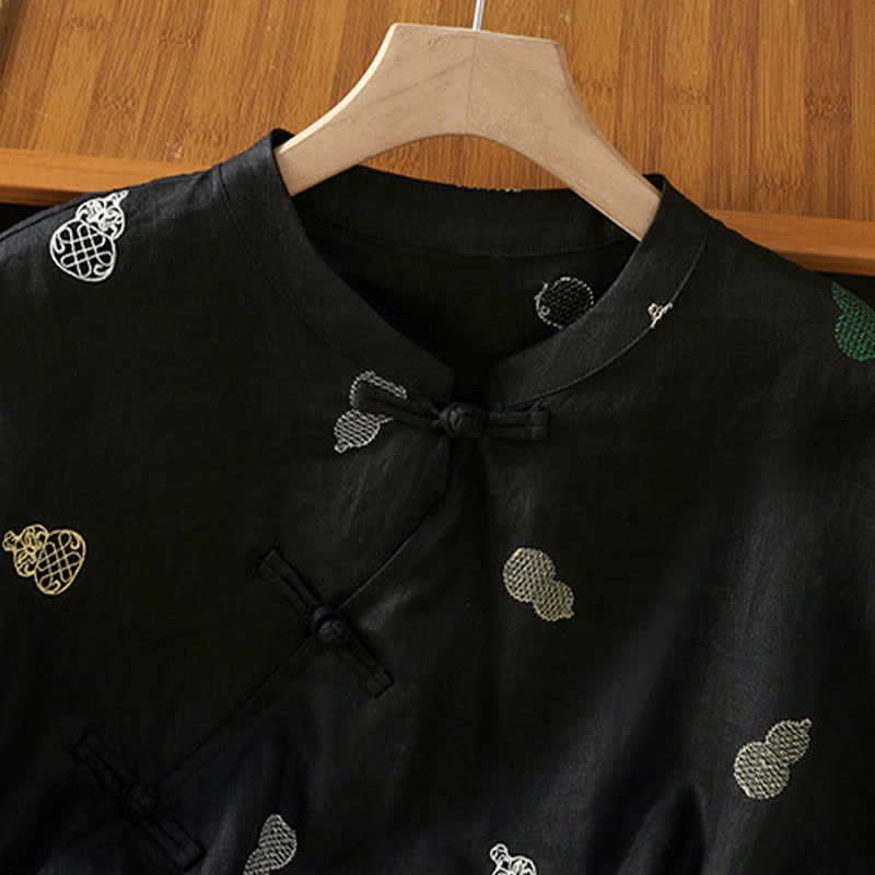 Buddha Stones Summer Tang Style Mandarin Collar Frog Button Gourd Embroidery Women's Short Sleeve Shirts - image 9