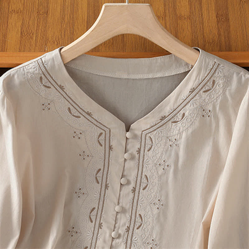 Buddha Stones Summer Vintage Geometric Embroidery Button-Up Solid Women's Short Sleeve Shirts - image 2