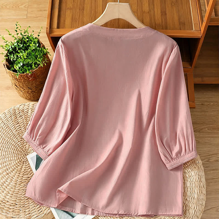Buddha Stones Summer Vintage Geometric Embroidery Button-Up Solid Women's Short Sleeve Shirts - image 27