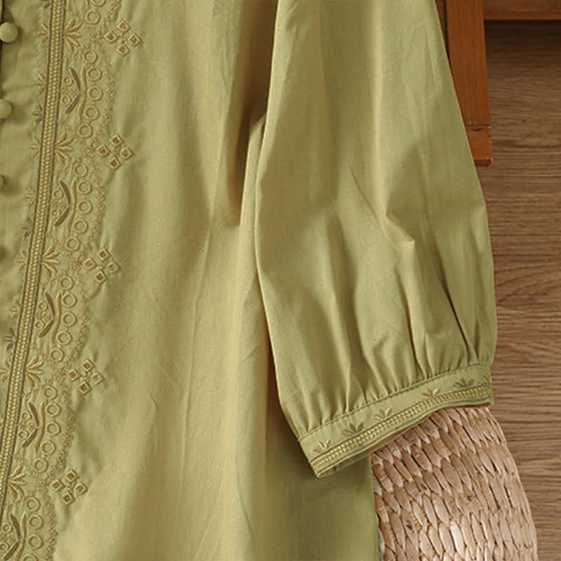 Buddha Stones Summer Vintage Geometric Embroidery Button-Up Solid Women's Short Sleeve Shirts - image 17