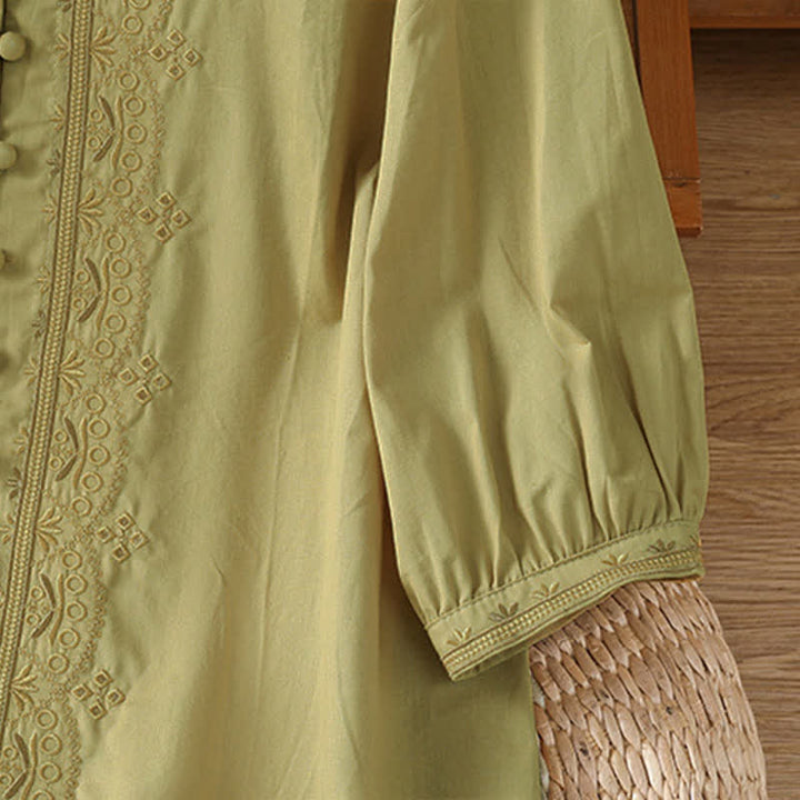 Buddha Stones Summer Vintage Geometric Embroidery Button-Up Solid Women's Short Sleeve Shirts - image 17
