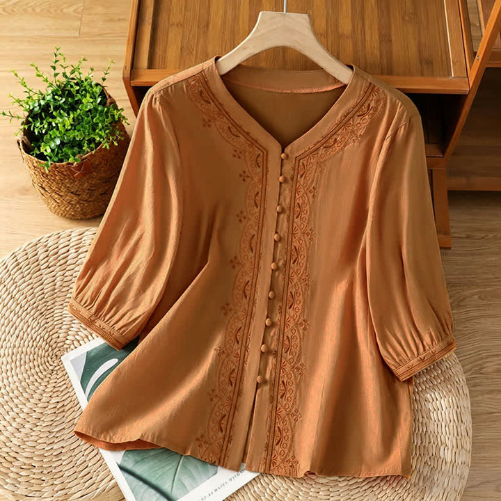 Buddha Stones Summer Vintage Geometric Embroidery Button-Up Solid Women's Short Sleeve Shirts - Orange - US8-10, UK/AU12-14, EU40-42 (2XL) - image 19