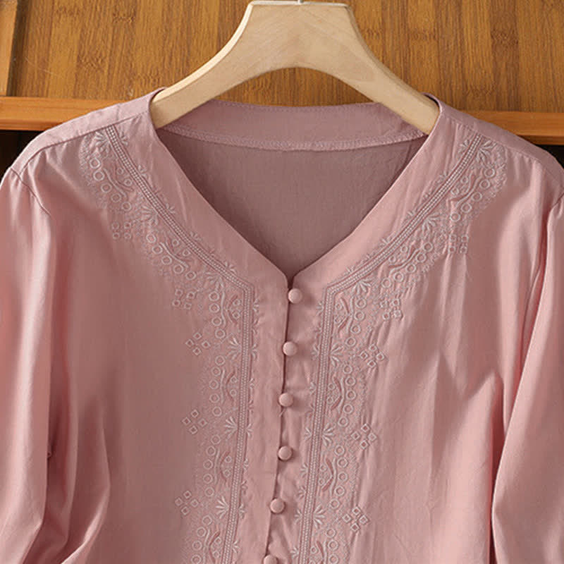 Buddha Stones Summer Vintage Geometric Embroidery Button-Up Solid Women's Short Sleeve Shirts - image 28