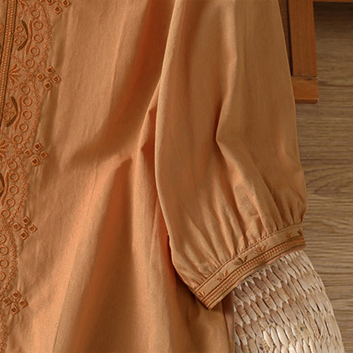 Buddha Stones Summer Vintage Geometric Embroidery Button-Up Solid Women's Short Sleeve Shirts - image 23