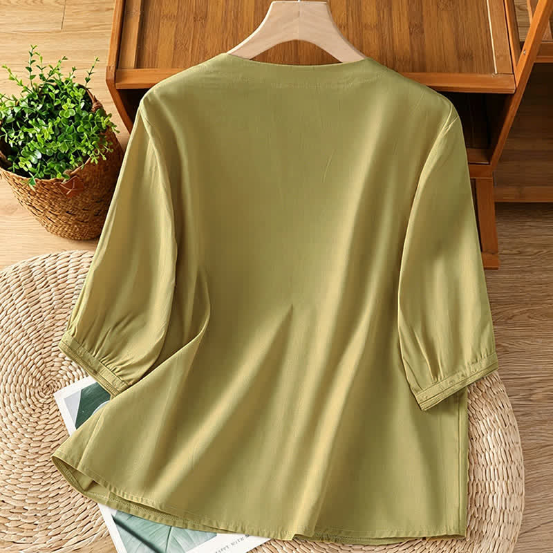Buddha Stones Summer Vintage Geometric Embroidery Button-Up Solid Women's Short Sleeve Shirts - image 14