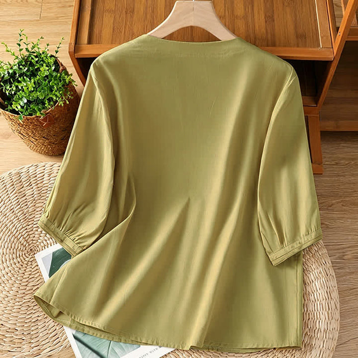 Buddha Stones Summer Vintage Geometric Embroidery Button-Up Solid Women's Short Sleeve Shirts - image 14